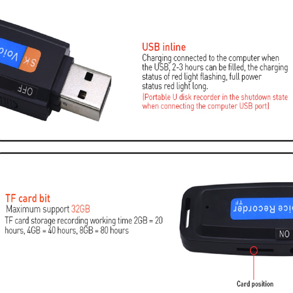 Cxfhgy Mini Dictaphone USB Voice Recorder Pen U-Disk Professional Flash Drive Digital Audio Recorder Micro SD TF Card Up to 32G